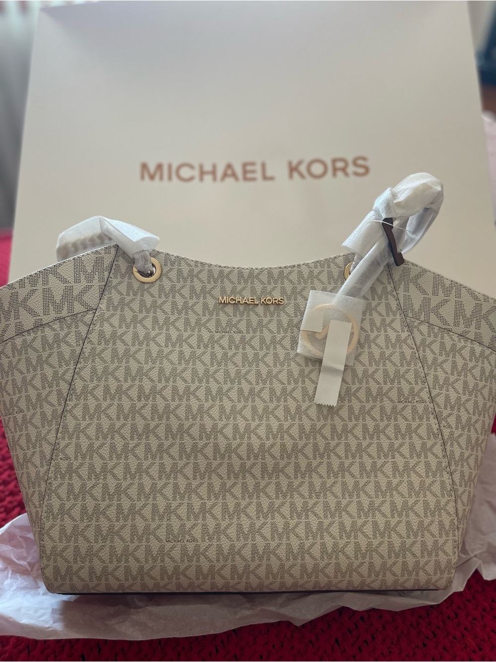 Michael Kors Beige Signature MK Tote with Gold Hardware
